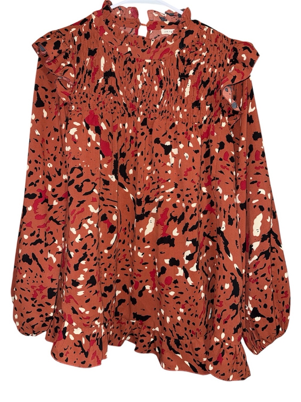JODIFL Animal Print Smocked Ruffle Blouse, Size Oversized Med